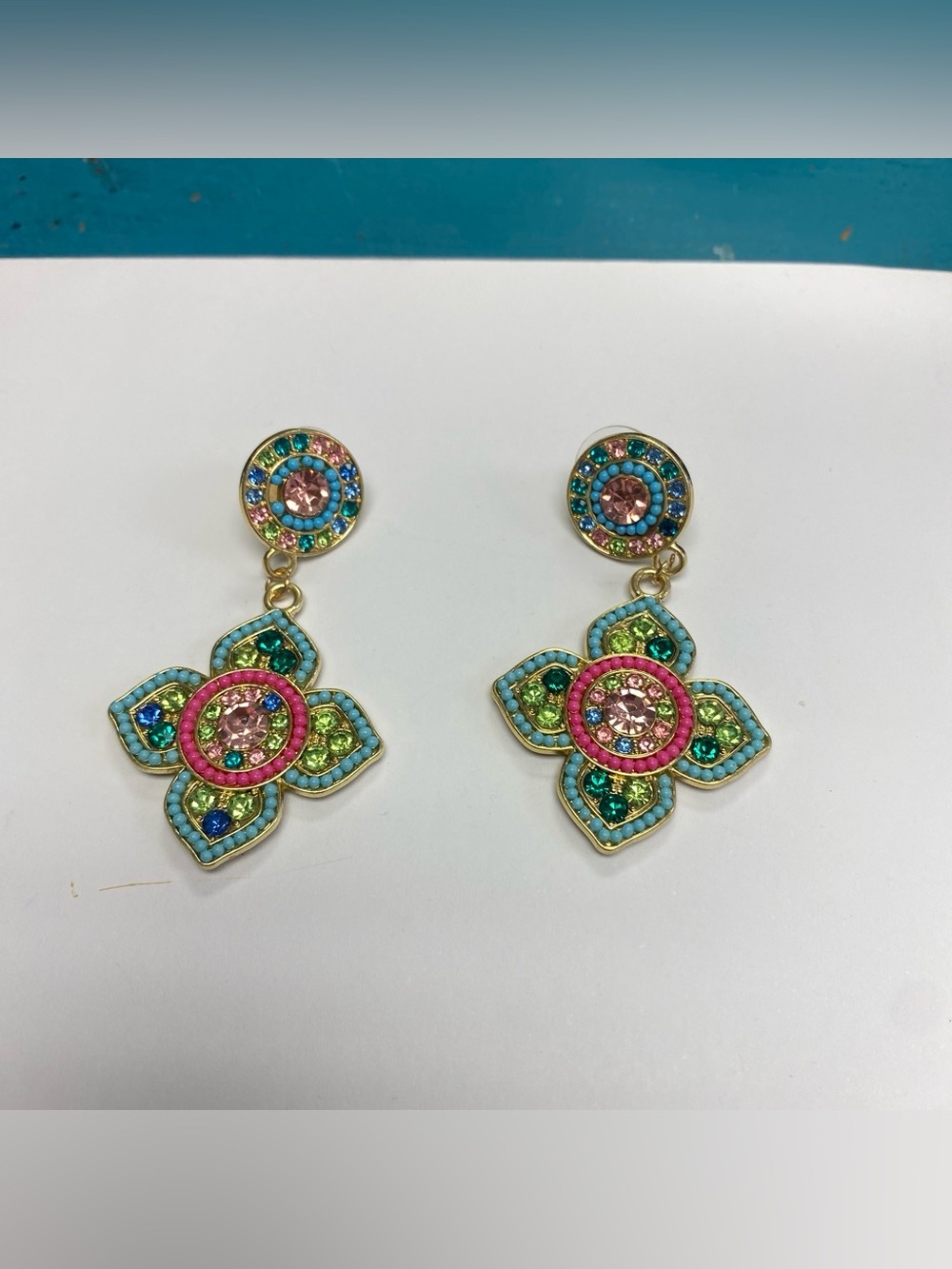 Multicolor Rhinestone Flower Drop Earrings - Women Jewelry